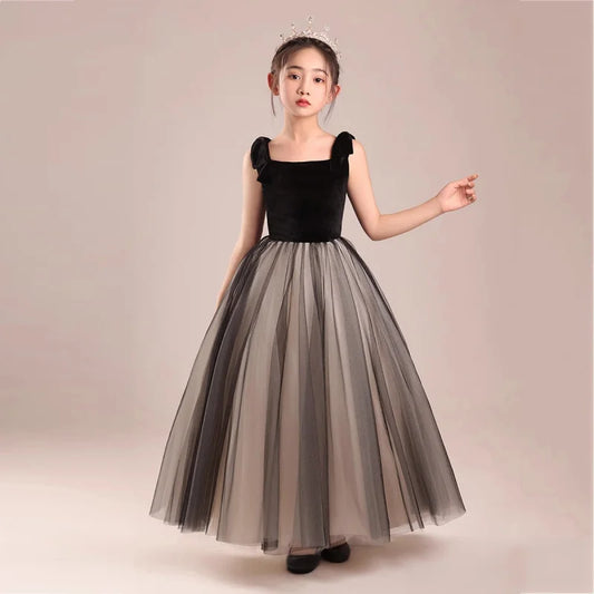Kinderkleid Mädchen Mode Klavier Violine Performance Kleid Schwarz Samt Mesh Host Chor