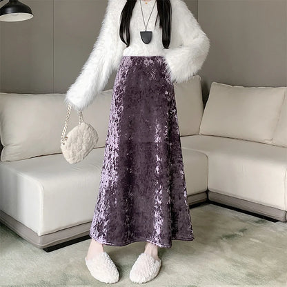 Plush Velvet Midi Skirt - 2025 New High-Waisted A-Line Mermaid Hem Skirt, Fleece-lined, Autumn Winter Thick Velvet Skirt