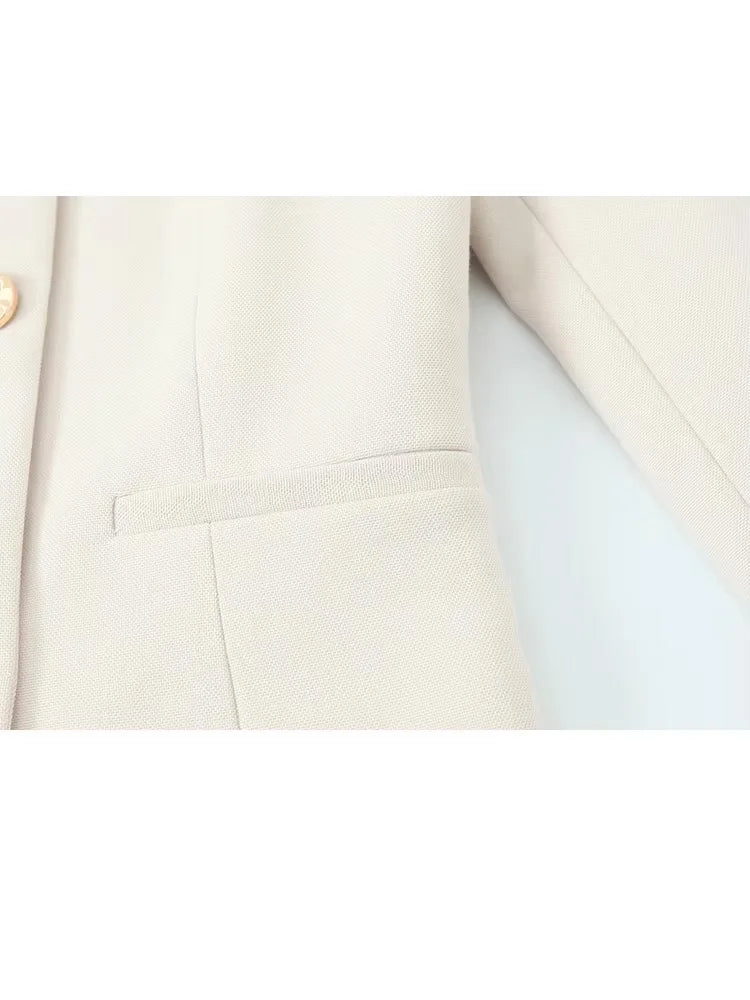 HH Women Solid Pant Set Long Sleeve O-Neck Double-Breasted Blazers+High Waist Chain Matching Side Zipper Trousers Sets.