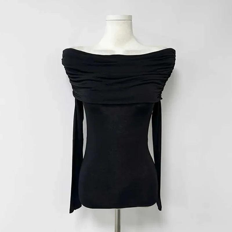 Korean Dongdaemun Spring Summer New Style Elegant One Shoulder Pleated Thin Long Sleeve Slimming Fit Cotton T-Shirt