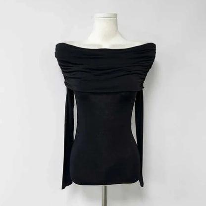 Korean Dongdaemun Spring Summer New Style Elegant One Shoulder Pleated Thin Long Sleeve Slimming Fit Cotton T-Shirt