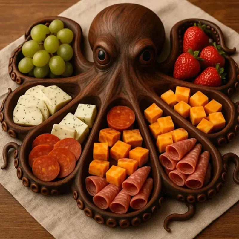 Ocean themed fresh and unique octopus cooked food tray, cheese meat fruit tray, wooden serving tray.