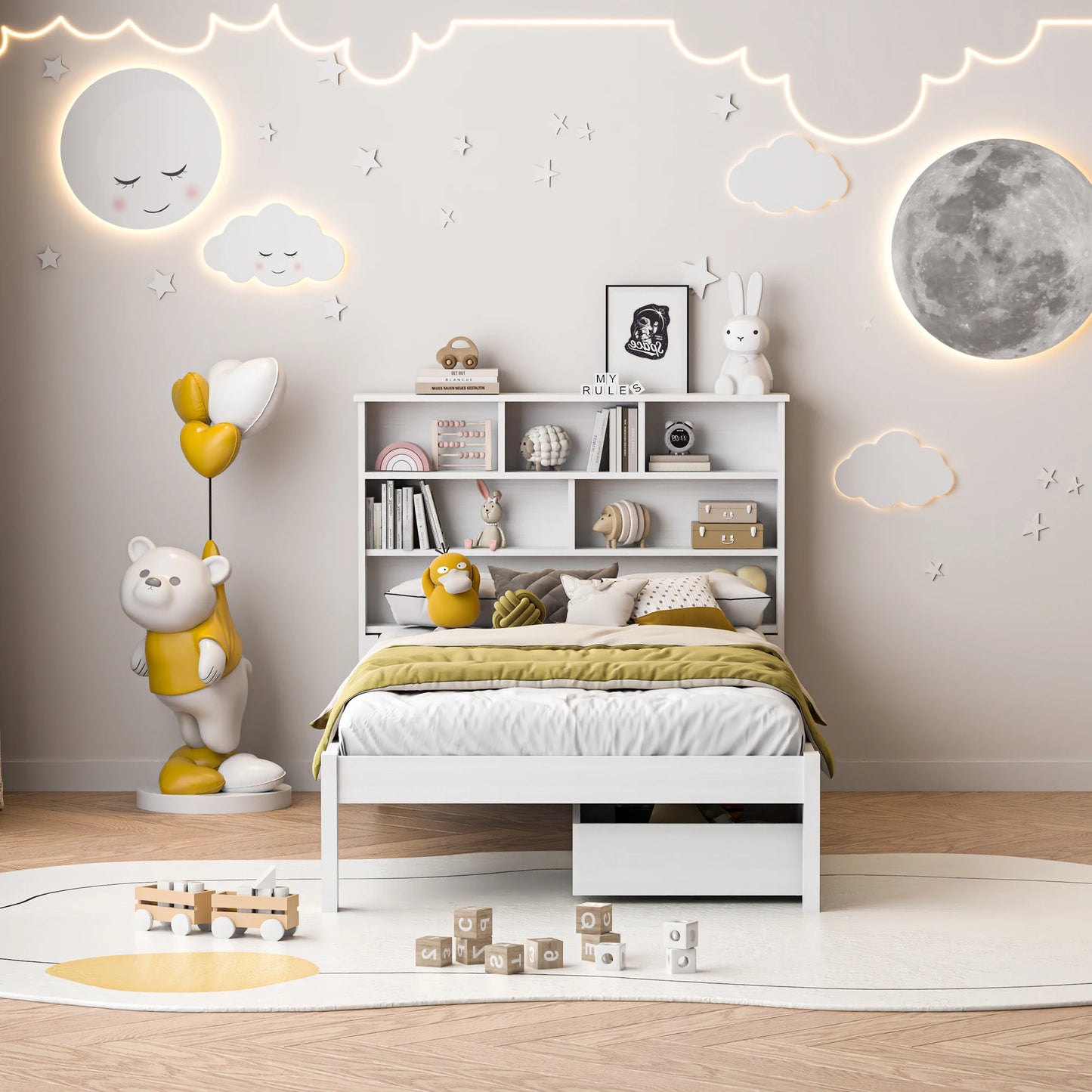 Rosahqnda Massivholz-Bettgestell 90 x 200 cm, Kinderbett mit Schubladen und Kopfteil für Bücher, Einzelzimmer, Weiß