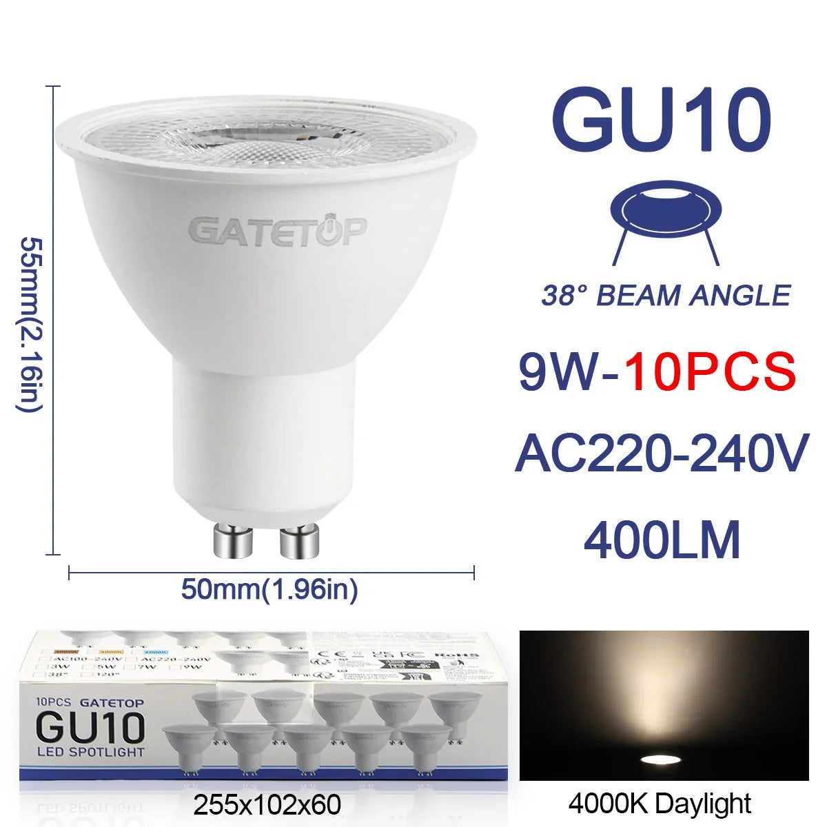 10er-Pack Focos Gu10 SpotlightLampara 220V LED-Glühbirne Großhandel 9W Weiß Warm 3000k 6000K geeignet für gewerbliche Gebäude zu Hause.