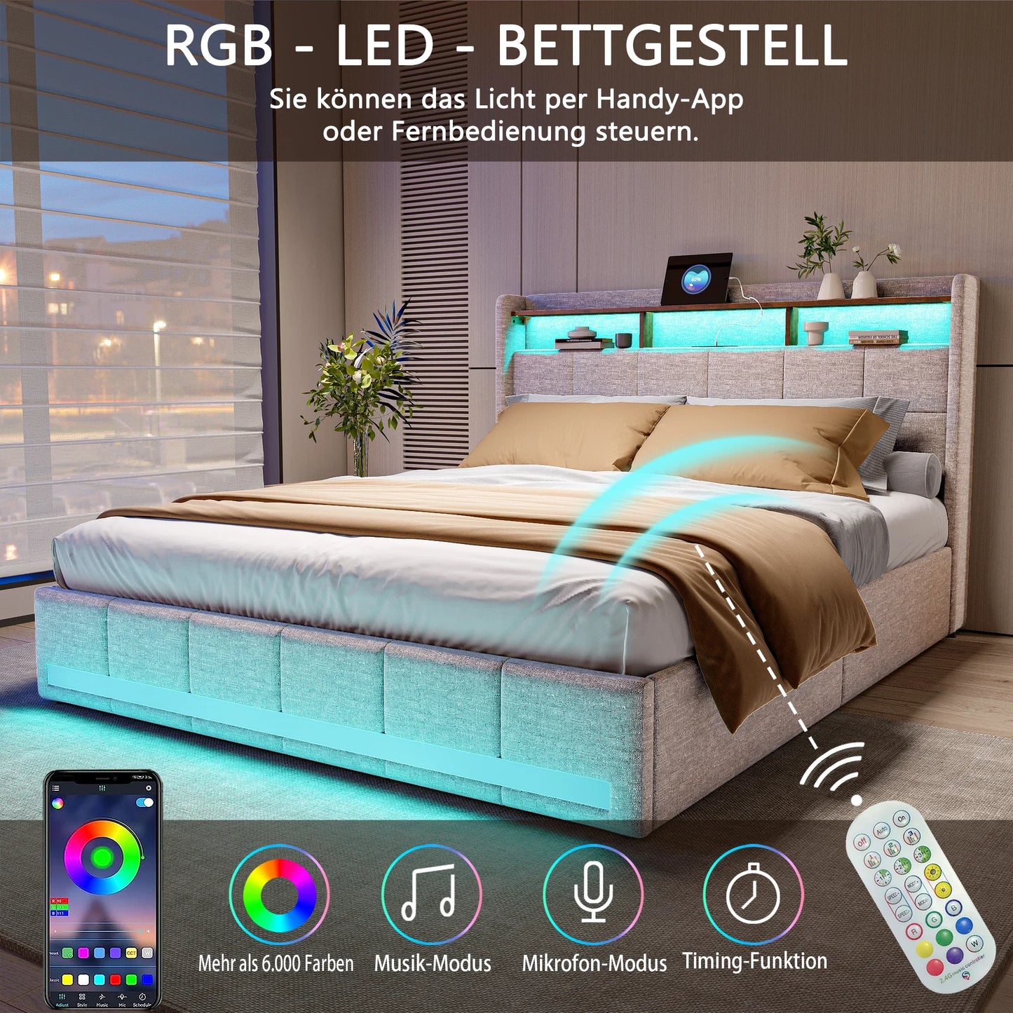 Lazyspace Bettgestell aus Leinen mit Stauraum, gepolstertes Bett mit 4 Schubladen, LED-Licht und USB-Aufladung vom Typ C, Schlafzimmermöbel