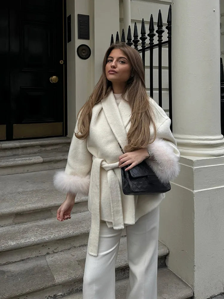2025 Chic Revers Plüsch Mantel Mit Gürtel Frauen Vintage Feste Faux Pelz Hülse Tweed Offene Mäntel Weibliche Herbst Casual Straße outwear