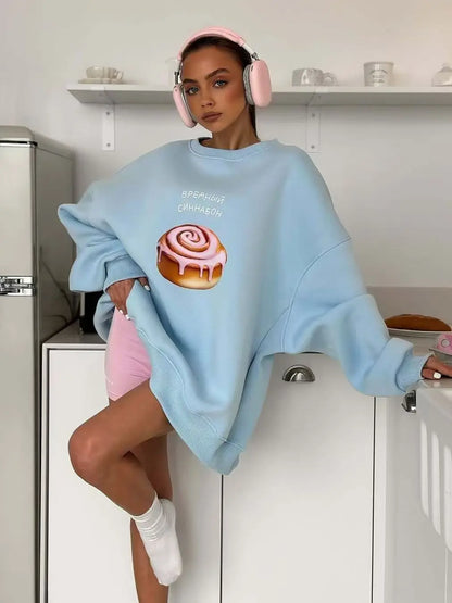 blue Cartoon pastries Russian letter print hip hop O Neck Oversize Sweatshirt Women Thin Spring 2025 Hoodies American Casual Top.