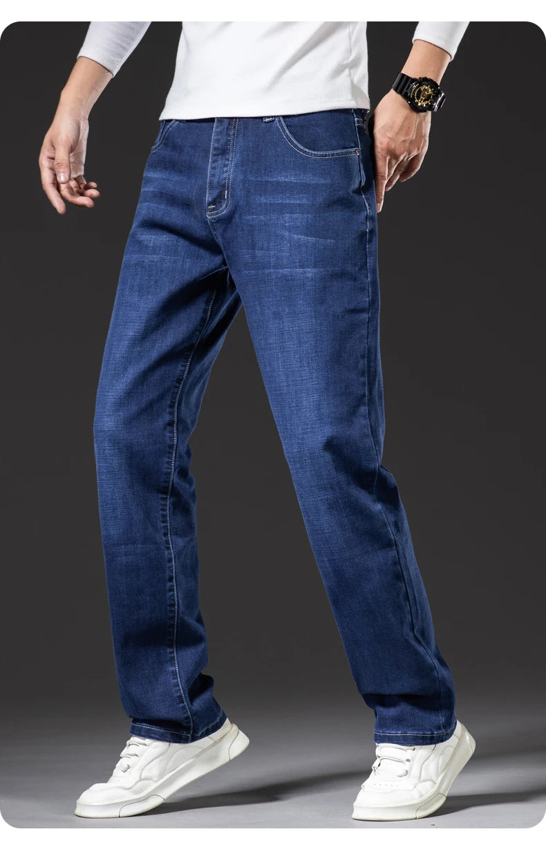 Große Größe 40, 42, 44, 46, lockere, gerade Jeans für Herren, Herbst, neue Business-Casual-Stretchhose, klassische blaue Denim-Hose für Herren.