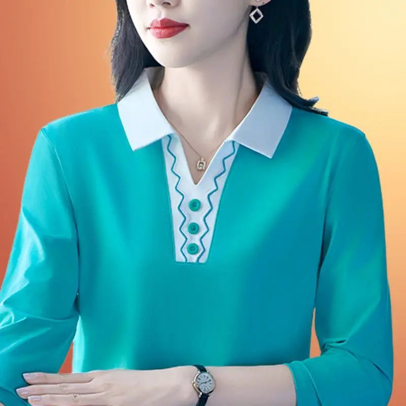 2025 Autumn New Women Clothes Office Lady Simplicity Patchwork Polo-Neck Top Tee Ladies Fashion Loose Buttons Long Sleeve Shirts