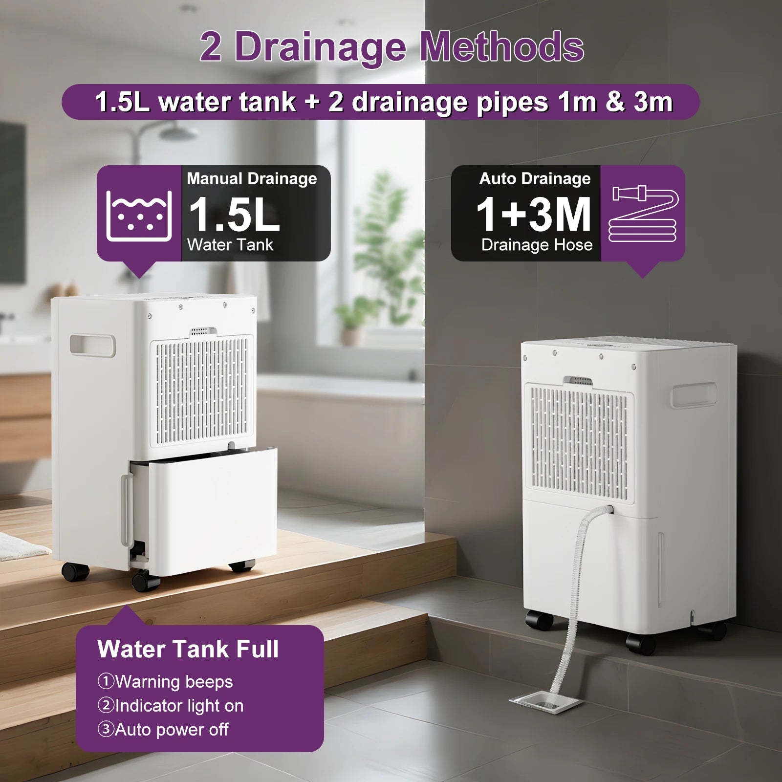 LOEFME Dehumidifier 8L/Day, Electric Dehumidifier, 1m & 3m Drain Hoses, Touchscreen with LED Display, 24h Timer, 1.5L Water Tank.
