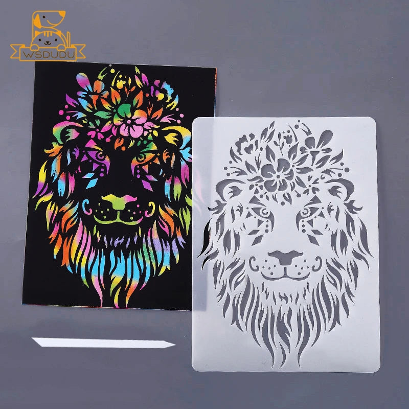 Scratch Art Paper Set 10 Sheets 5 Stencil Templates World Landmarks Animal DIY Kit Creative Painting Craft Magic Toy Kids Gift.