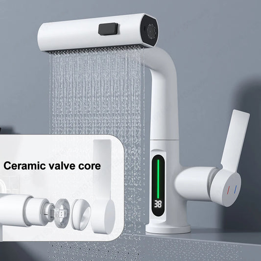 Waterfall Pull Out Kitchen Faucet White Intelligent Digital Display Cold Hot Mixer Taps Rotatable Sink Lifting Basin Faucet