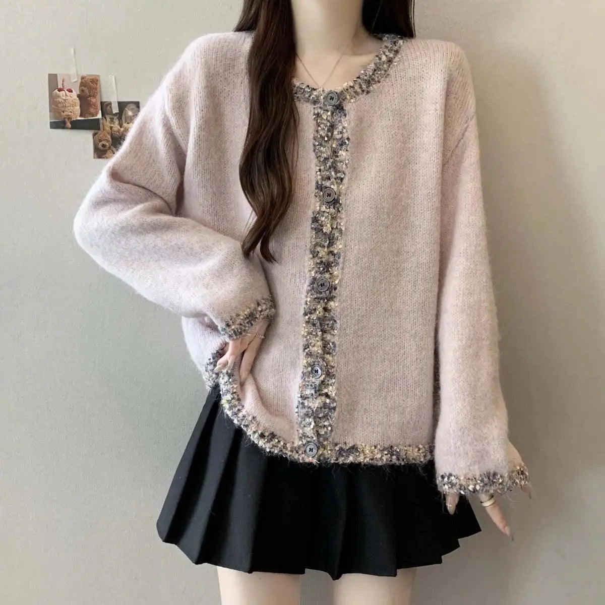 Pailletten-Strickjacke für Damen, Herbst und Winter, lockeres Schlankheitsoberteil