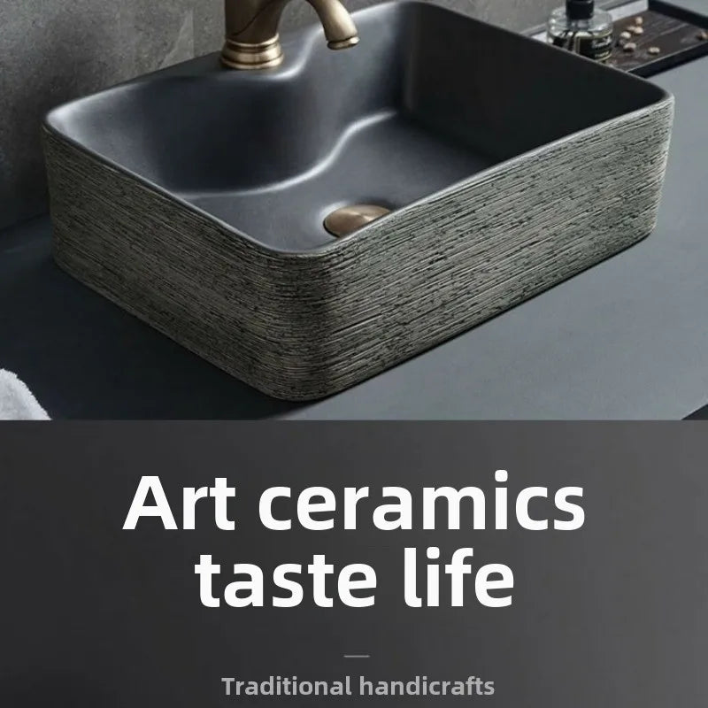 Jingdezhen Keramikgefäßwaschbecken – handgefertigtes rustikales Schwarz- und Sandkunstwaschbecken mit Spritzschutz-Design für den Badezimmer-Waschtisch individuell anpassbar