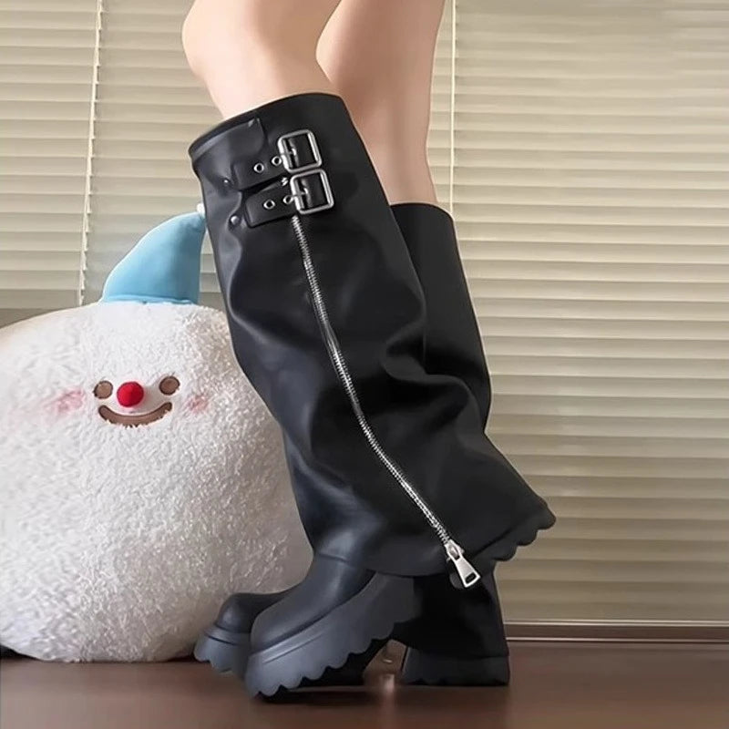 Punk Style Splicing Thick Bottom Women Knee-High Boots Fashion Zipper Female Pleated Knight Long Booties Shoes.