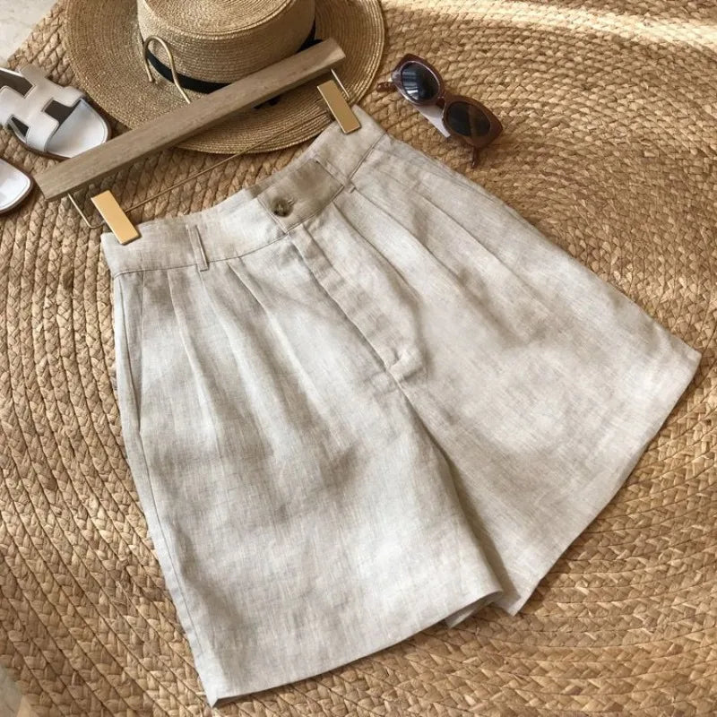 Korean Office Lady Summer Women's Solid Color Linen Zipper Pockets Fashion Casual Loose High Waist A-line Wide Leg Shorts.