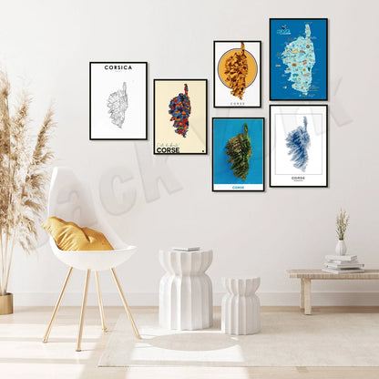 Corsica topographic map print, Corsica cities, France Corsica map print, road map art poster modern wall art decor.