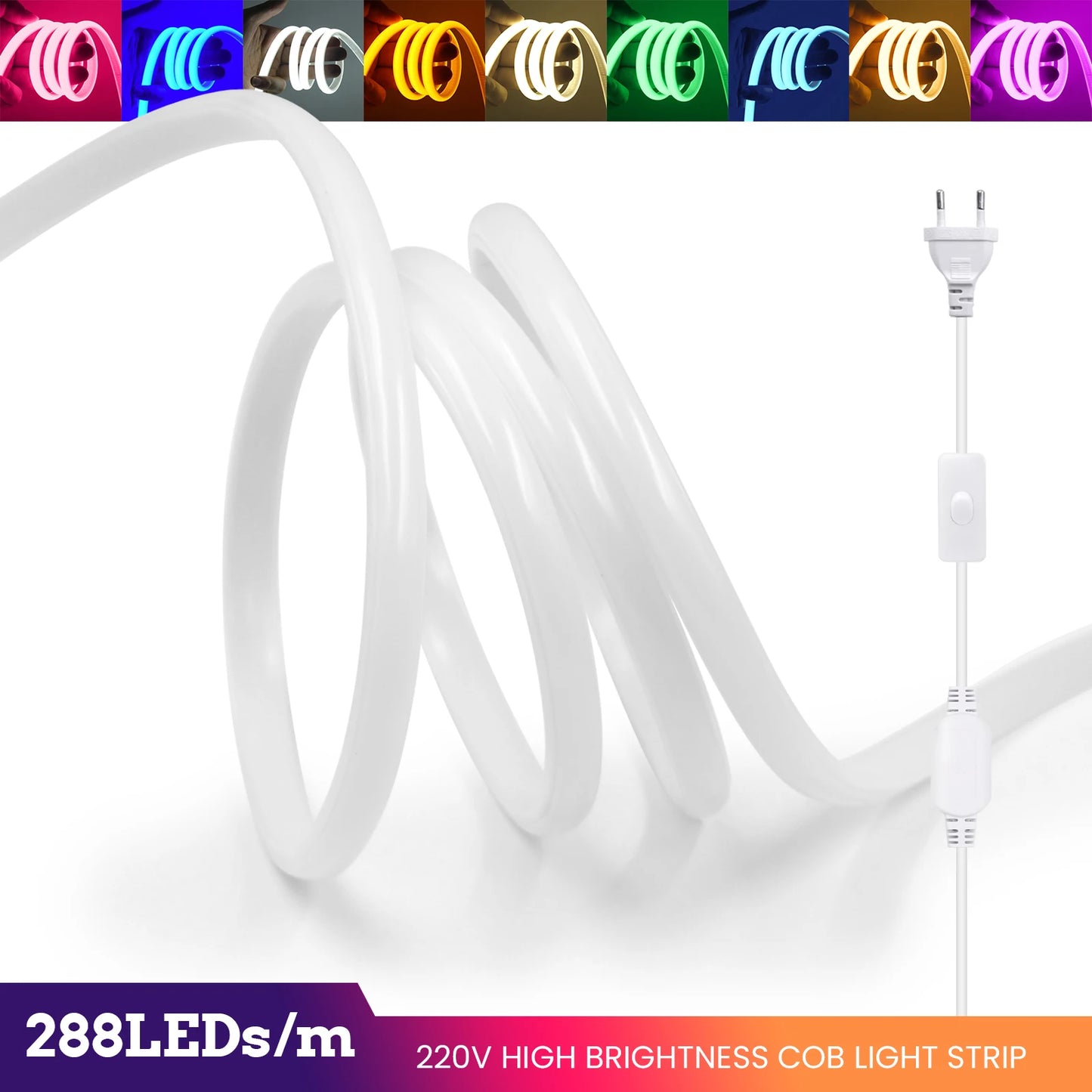 220V COB LED Light Strip Waterproof With EU Plug Red/Blue/Pink/Green Home Outdoor Garden Lighting Flex Silicone Tube Neon Lamp