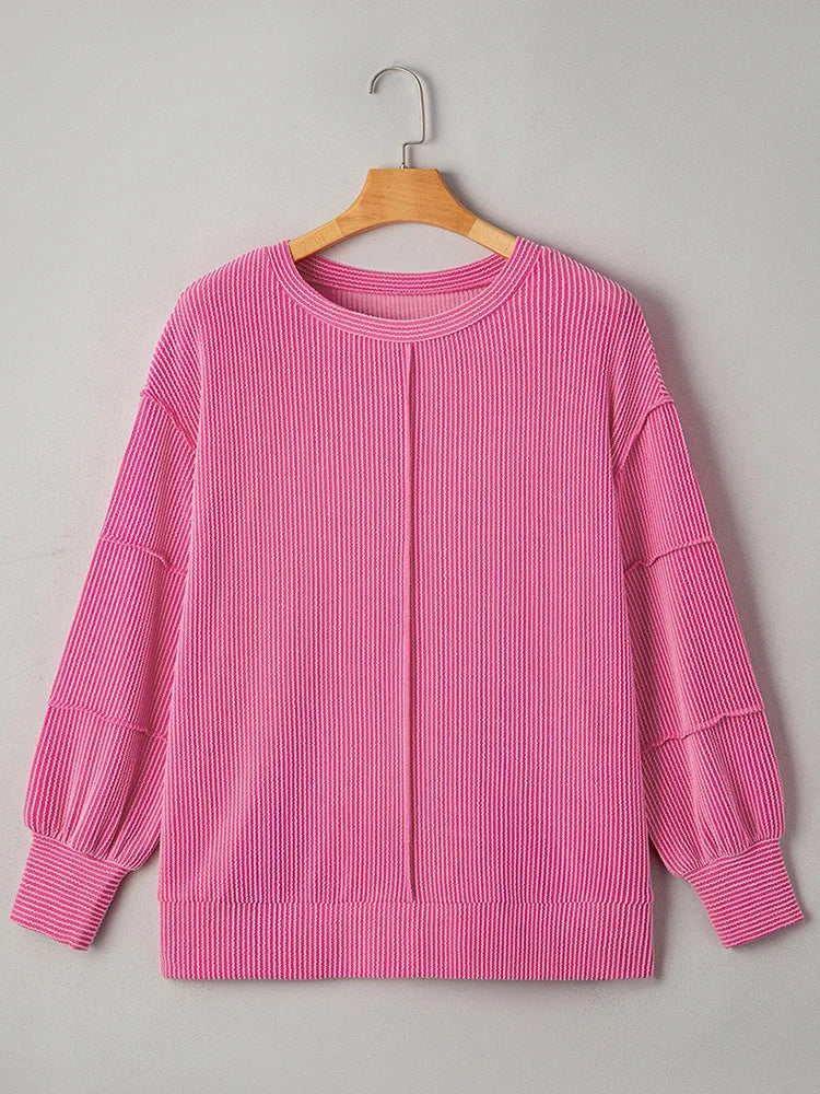 GIBSIE Plus Größe Einfarbig Rippen langarm Sweatshirt Frauen 2025, Herbst Oansatz Casual Lose Passenden Damen Pullover Top.