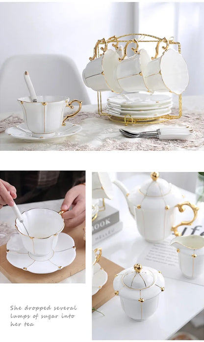 Gold Pearl Bone China Coffee Set British Porcelain Tea Luxury Ceramic Pot Creamer Sugar Bowl Teatime Teapot Cup Mug.
