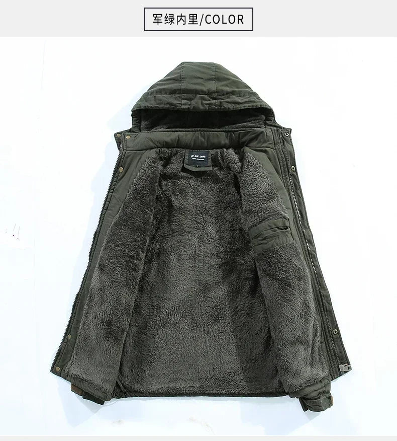 Parkas Coat Military Windproof Hooded Jackets Man Washed Cotton Thick Fleece Casual New  Winter Warm Varsity Jacket Men.