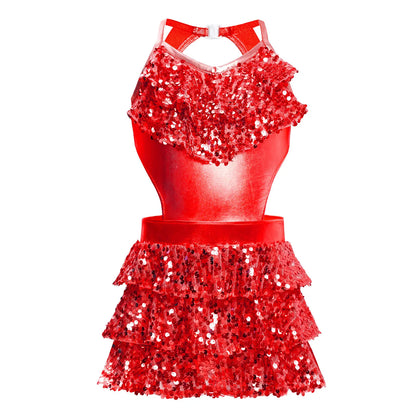 Kinder Mädchen Pailletten Jazz Ballett Tanzkleid Ärmellos Ausschnitt Tiered Rüschen Trikot Salsa Samba Rumba Skating Performance Kostüm