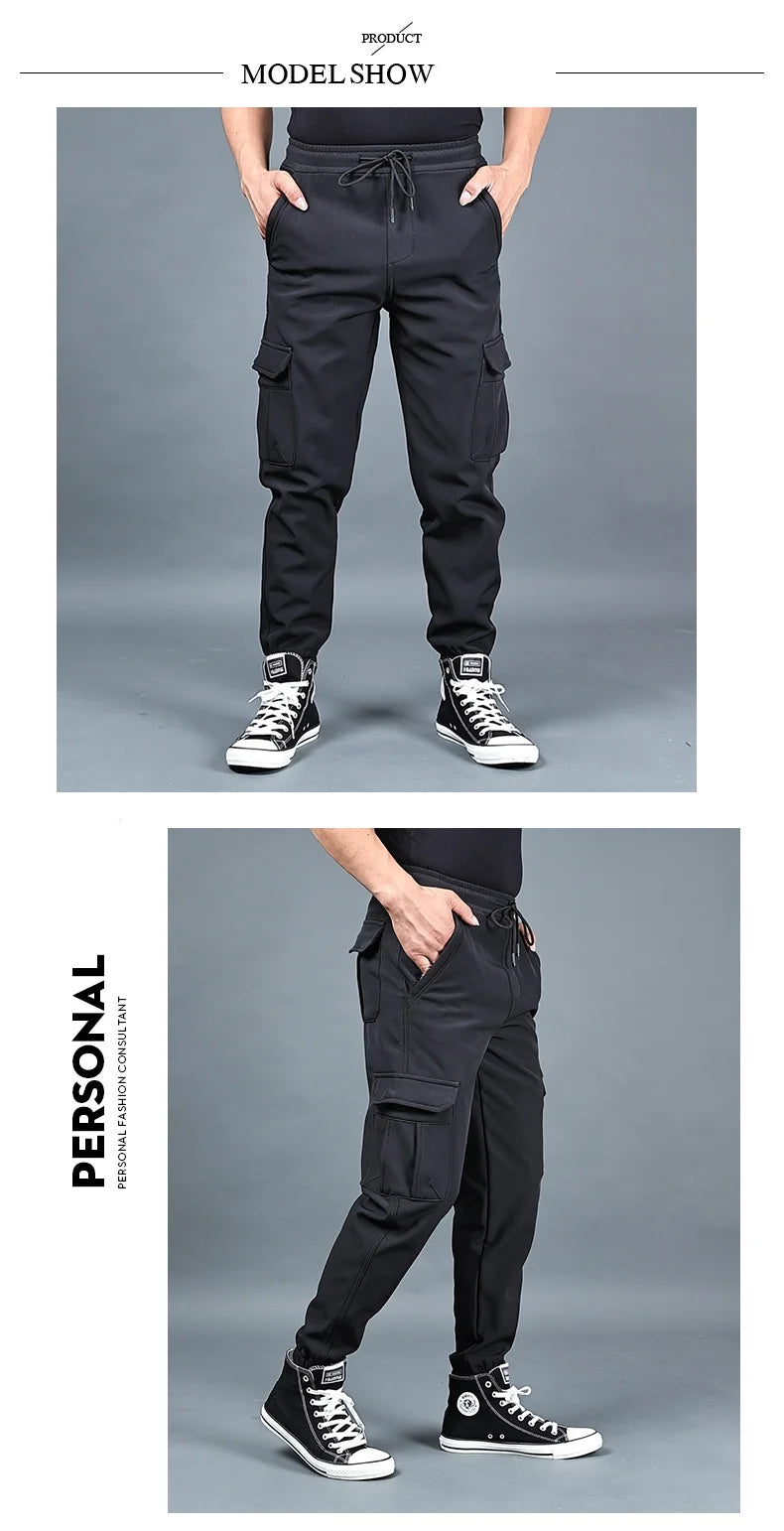 Autumn and winter loose ankle multi pocket work pants for men, winter oversized sports pants, trendy brand with plush and thick.