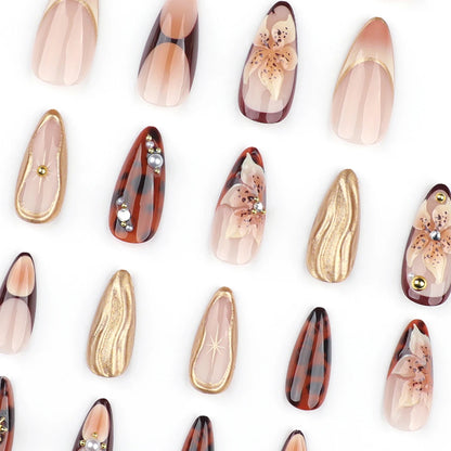 24Pcs Gold Ripple Brown Flowers False Nails with Rhinestones Pearl Design Wearable Almond False Nails Full Cover Press on Nails.