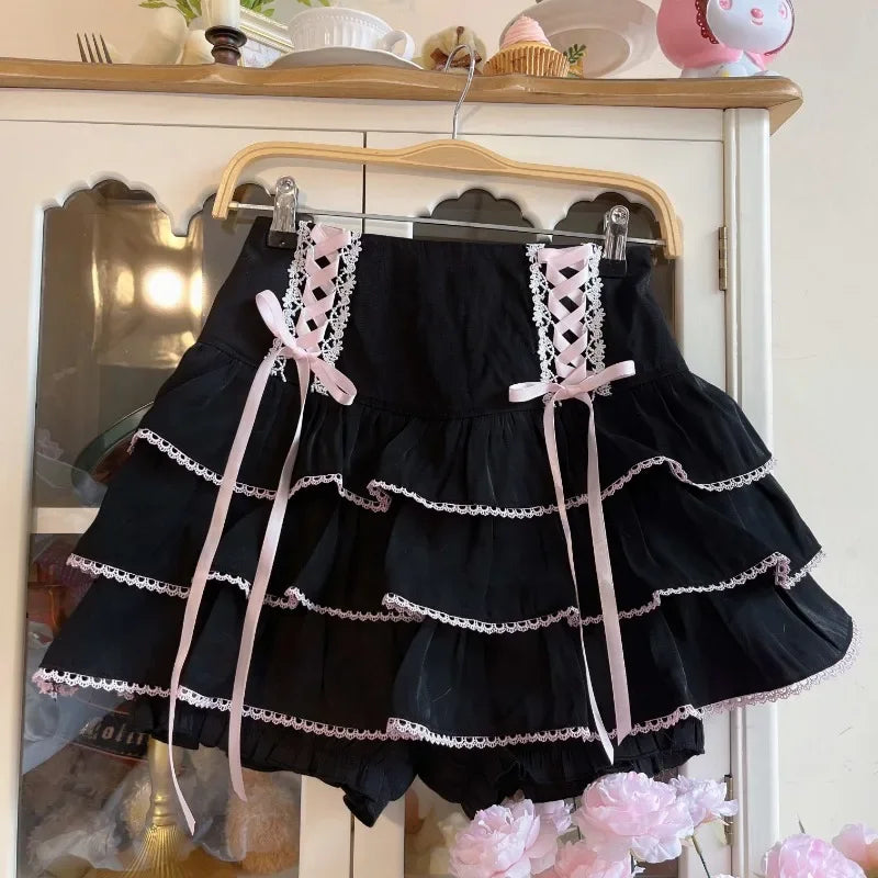 Japanese Kawaii Lolita Style Pleated Skirts Women High Waist Pink Bandage Fairy Y2k Aesthetic Skirt Cute Faldas Mujer Moda 2024