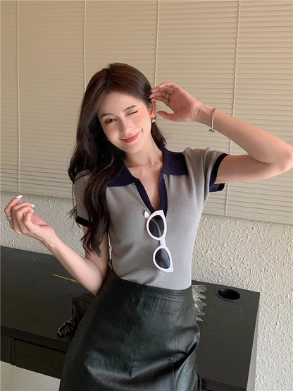 Jielur Spell Color Polo Knitting Women's Blouses Slim Sexy Short Sleeve Summer New Casual Female Blouse Chic Simple Office Lady