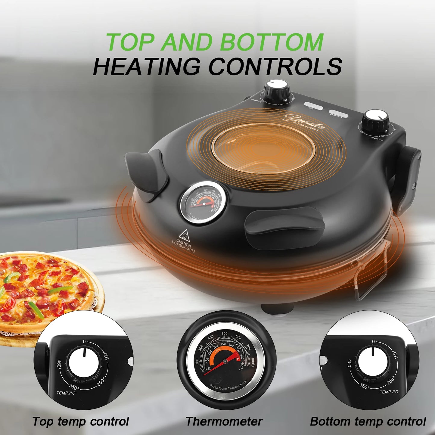 YIBAKE 12-Zoll-Elektro-Pizzaofen für den Innenbereich, antihaftbeschichtet, Keramikstein, erhitzt bis zu 420 ℃   für köstliches gebackenes Pizzeria-Set