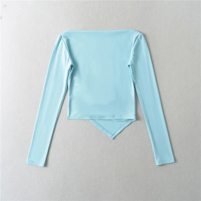 Slim Fit Long Sleeve T-Shirt Women's Shoulder Bared One-Shoulder Design Crease Asymmetrical Pure Desirable Spicy Girl Style.