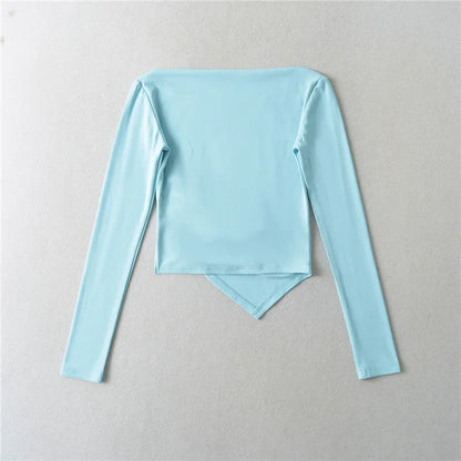 Slim Fit Long Sleeve T-Shirt Women's Shoulder Bared One-Shoulder Design Crease Asymmetrical Pure Desirable Spicy Girl Style.