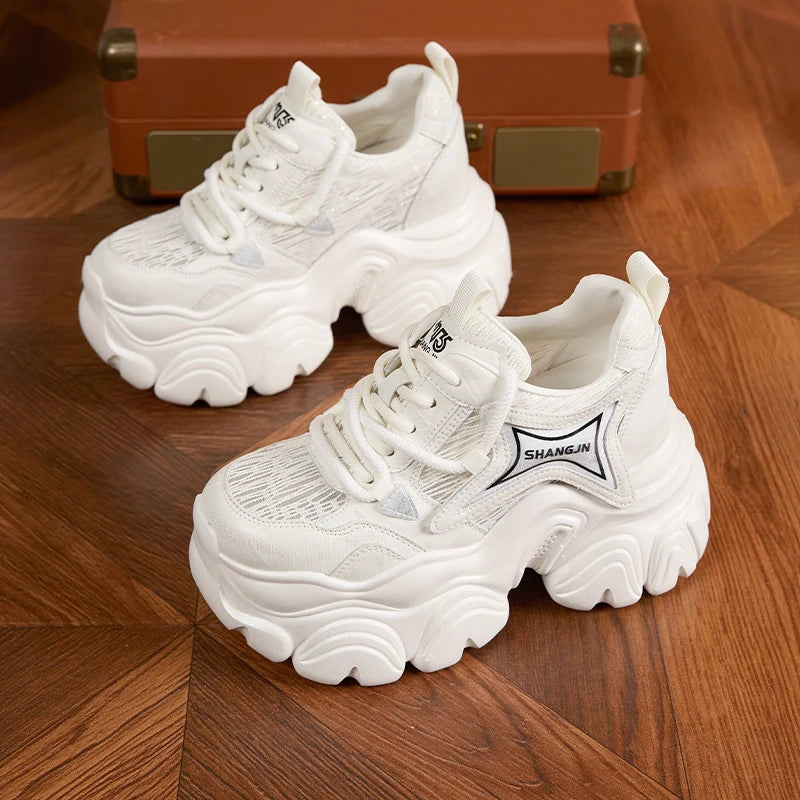 AUTUSPIN 10cm Pink Thick Soled Shoes for Summer Women Breathable Lace-up Ladies Sneakers Outdoor Casual Fashion Platform Shoes.