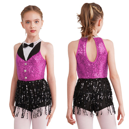 Kind Mädchen Ärmellose Glänzende Pailletten Quaste Boyshorts Kleid Latin Jazz Dance Cha-cha Samba Bühne Leistung Kostüm Dancewear
