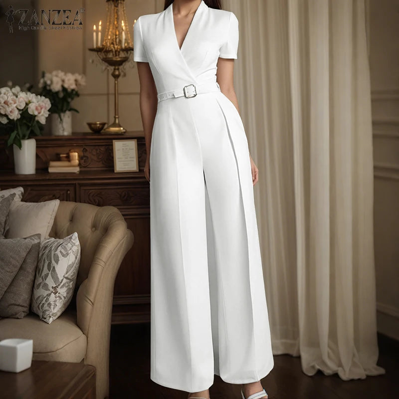 ZANZEA Street Fashion High Waist Jumpsuits Women Workwear Belt Rompers Solid Deep V Neck Elegant Office Lady Long Overalls.