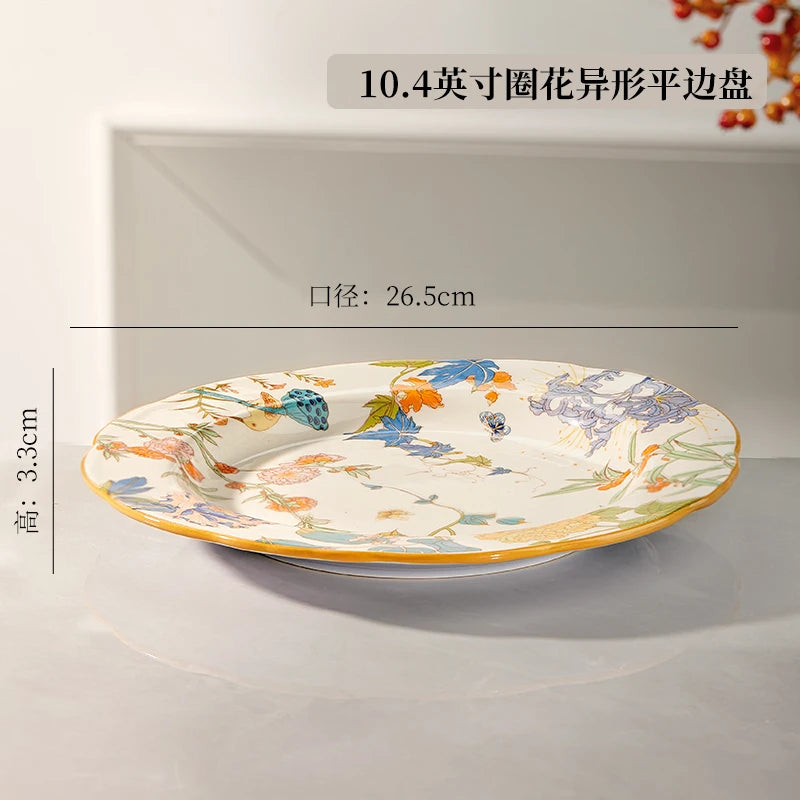 1PC Chinese-style Ceramic Plates New Flower-patterned Dinner Plates Ceramic Fruit Salad Plates Exquisite Kitchen Accessories