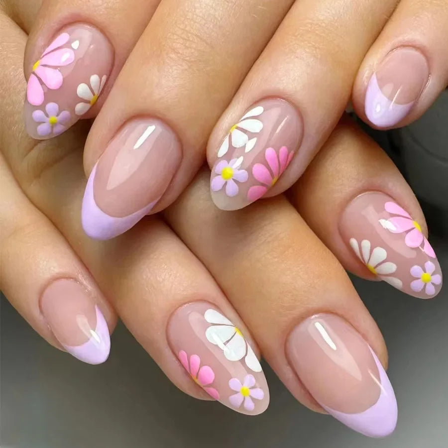 24Pcs Short Almond Press-On Nails Pink Floral French Tip Glossy&Elegant Full Cover Fake Nails for Women&Girls Spring,Daily Wear.