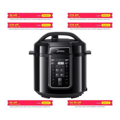Midea Quick Electric pressure cooker 9-in-1 12 Predefined Programs Instant Stainless Steel Multicooker, Anti-stick Pot, 6L, Black.