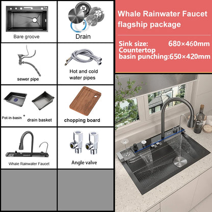 Stainless Steel Kitchen Sink Waterfall Wash Vegetables Basin Intelligent Digital Display Faucet Dish Wash Bowl Large Single Slot