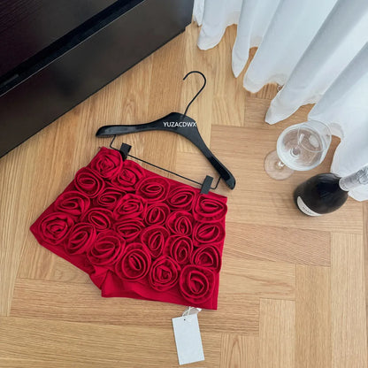 Three-dimensional decoration floral shorts y2k High street Red High waist mini skirt shorts Design Sexy  Women Clothing ﻿.