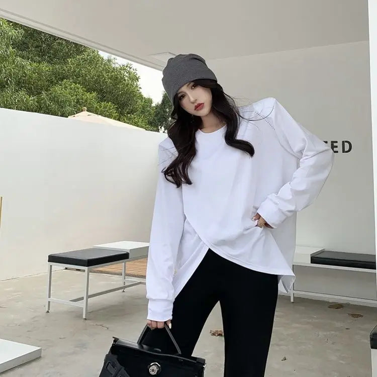 Long Sleeve Slit Hem Loose Lazy Style Tops Spring Autumn Solid Simplicity Street Casual T Shirts Fashion Korean Women Clothing.