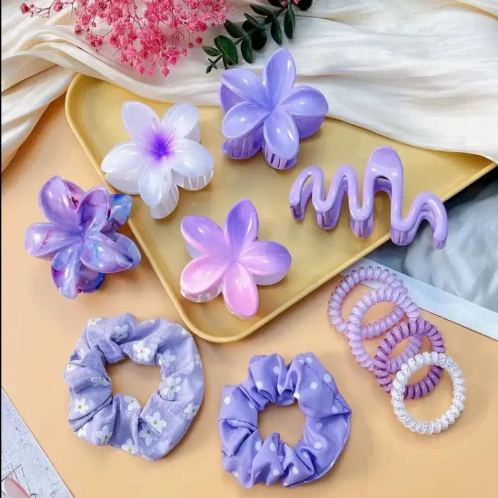 11pcs/Set Fashion Plumeria Hawaiian Hair Clamps Set Colorful Elastic Flowers Hair Clips Rubber Band Hair Rope Hair Accessories.
