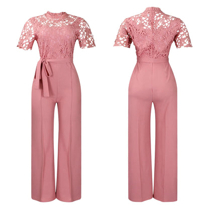 Elegant Jumpsuits & Rompers for Women O Neck Lace Patchwork Short Sleeve Sashes High Waisted Luxury Birthday Party Dinner Outfit