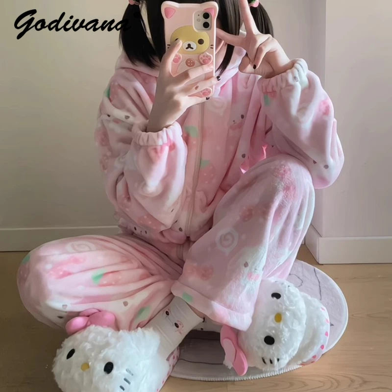 Japanese New Winter Sweet Cute Cartoon Rabbit Flannel Pajamas Set Daughter Girls Pink Thickened Loungewear Women's Sleepwear.