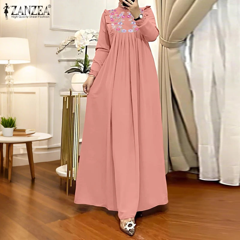 2025 Autumn Muslim Dresses Abaya ZANZEA Women Elegant Long Sleeeve Floral Dress Dubai Robe IsIamic Clothing Maxi Long Sundress.