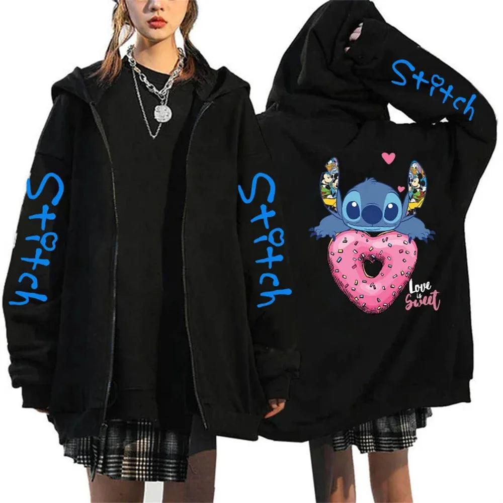 Men's and women's Lilo Stitch hooded jackets, Bonita Harajuku anime, cartoon Gothic streetwear, women's zippered sweaters.
