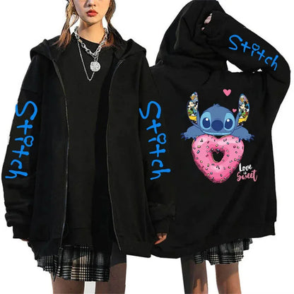 Men's and women's Lilo Stitch hooded jackets, Bonita Harajuku anime, cartoon Gothic streetwear, women's zippered sweaters.
