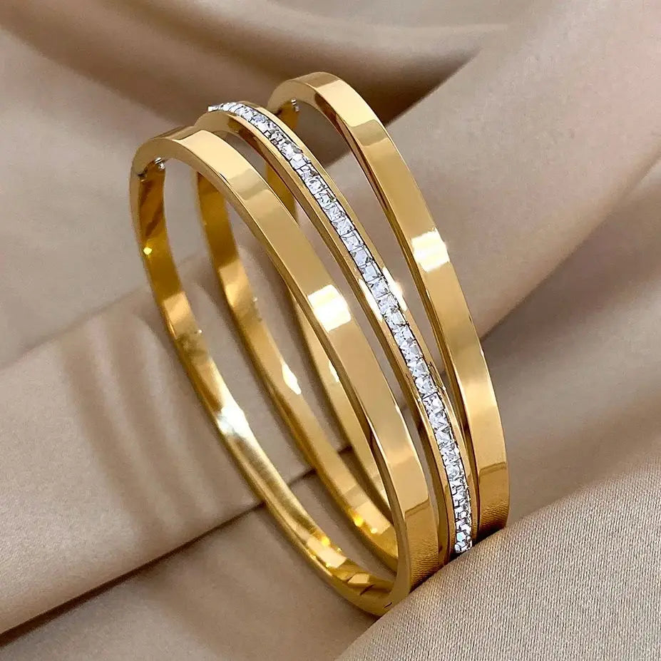 3pcs Glossy Rhinestone Stainless Steel Bangle Bracelet for Women Luxury Gold Silver Color Wristband Bracelet Waterproof Jewelry.