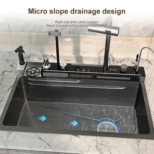 Stainless Steel Kitchen Sink Multifunctional Piano Button Waterfall Spout Faucet Digital Display Screen Dishwashing Basin